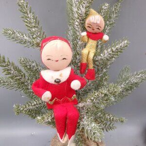 2 Vintage Pixie Elf Christmas Ornaments, Poseable Sitters, Red and Gold Lame